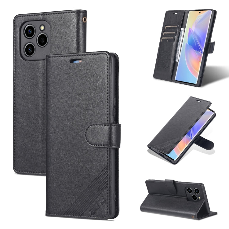 Black flip leather phone case with card slot, stitched edges, and camera cutout