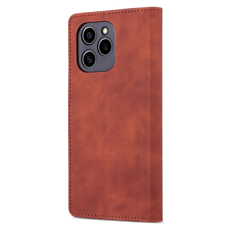 Brown leather flip phone case with camera cutout and front cover