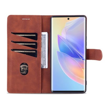 Brown leather wallet flip case with card holders and kickstand view