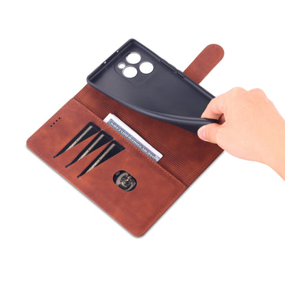 Brown leather flip wallet case with card slot and hand pulling flap