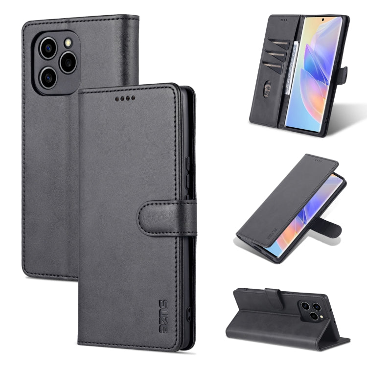 Black flip leather phone case with side pocket and folio stand