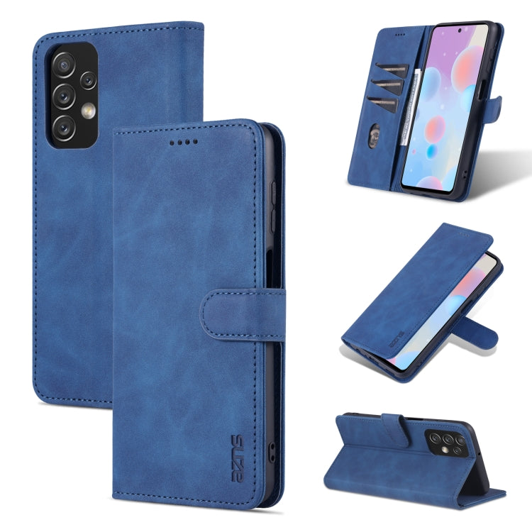 Blue wallet-style phone case with textured leather flip cover and viewing stand