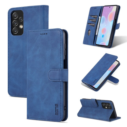 Blue wallet-style phone case with textured leather flip cover and viewing stand