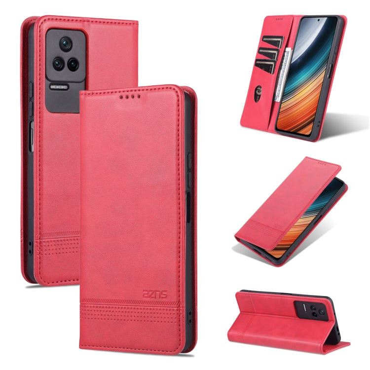 Magnetic leather phone case with textured finish, red, card-slot fold wallet style