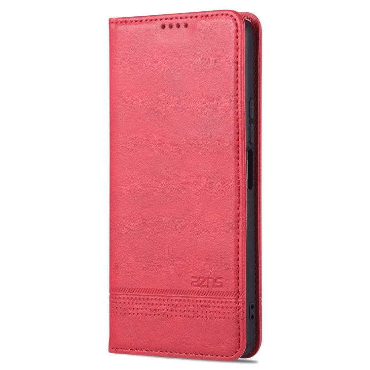 Magnetic leather phone case, red, textured back with stitched edge and bottom speaker cutout