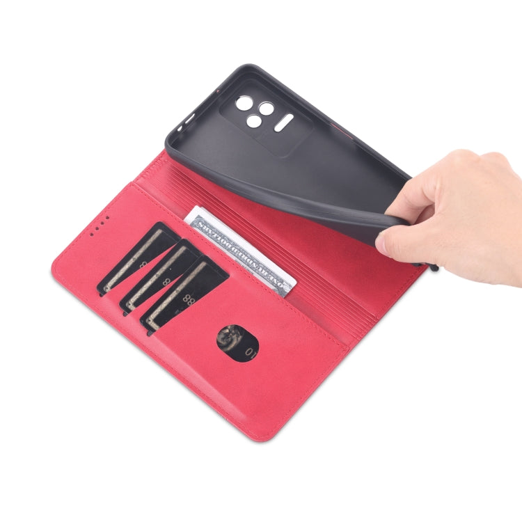 Magnetic leather phone case, red, open wallet with card slots and hand-fold closure