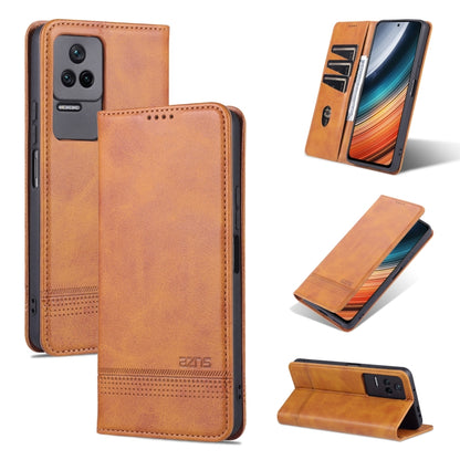 Tan textured leather magnetic flip phone case with perforated card slot and stand