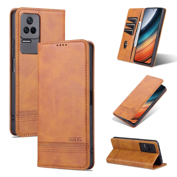 Tan textured leather magnetic flip phone case with perforated card slot and stand