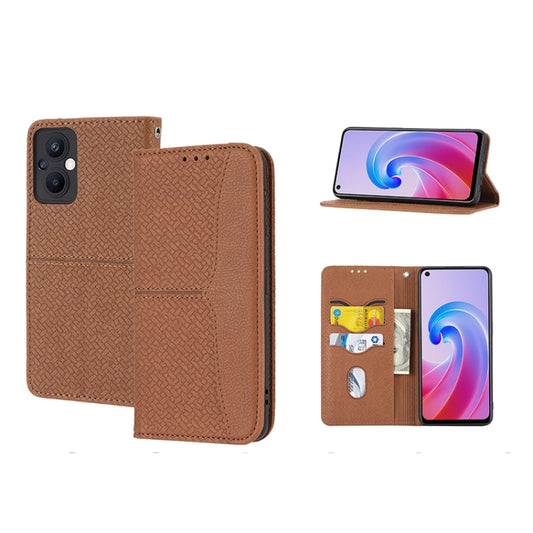 Brown woven PU leather phone case with magnetic flap, front and side camera cutouts
