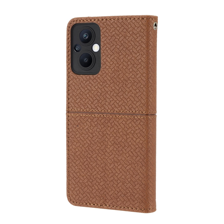 Brown woven PU leather phone case with camera openings and stitched magnetic flap