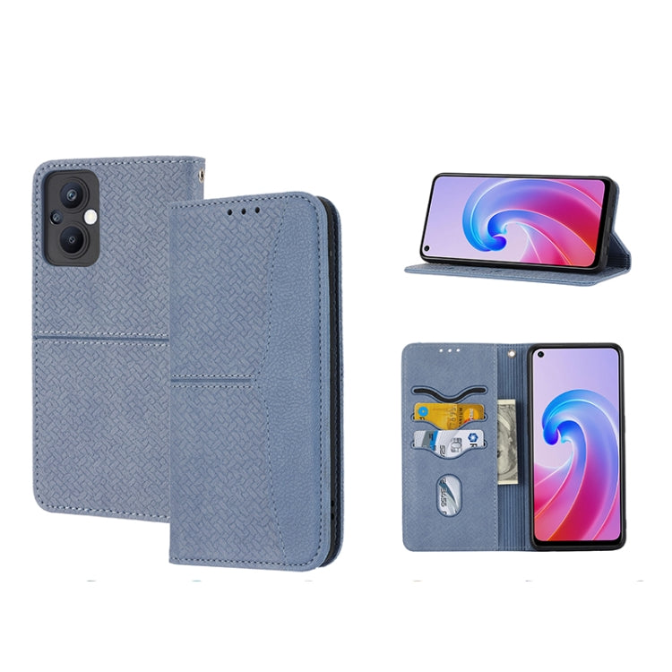 Grey woven PU leather phone case with magnetic flap and front camera openings