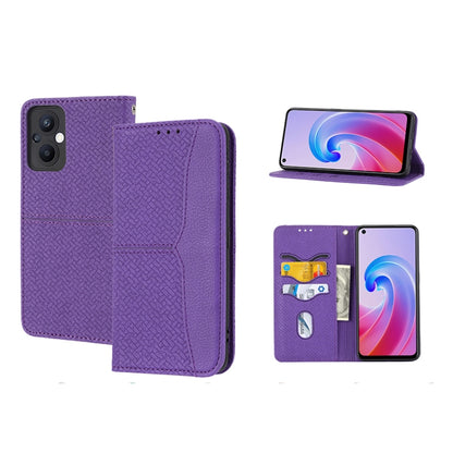 Purple woven PU leather magnetic phone case with flip cover, card slots, and stand