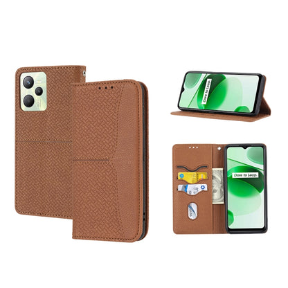 Brown woven PU leather magnetic phone case with flip cover, card slots, and stand