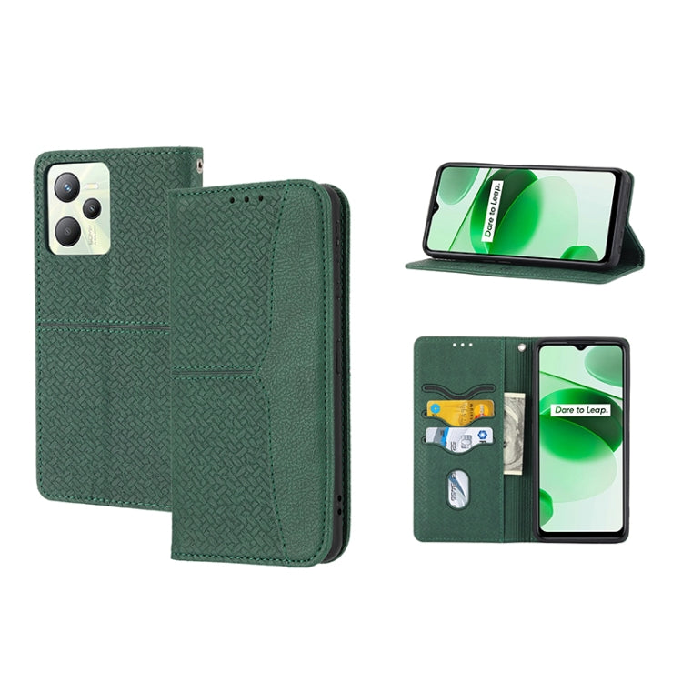 Green woven PU leather magnetic phone case with flip cover, card slots, and stand