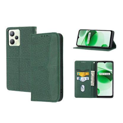 Green woven PU leather magnetic phone case with flip cover, card slots, and stand