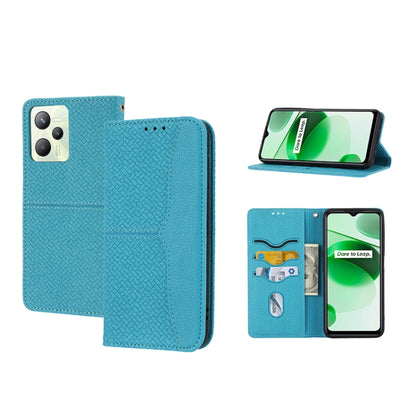 Blue woven PU leather magnetic phone case with flip cover, card slots, and stand