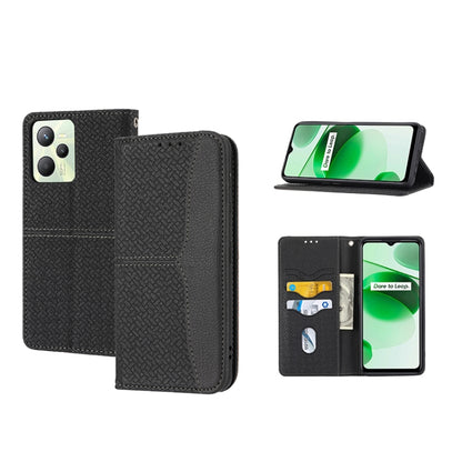 Black woven PU leather magnetic phone case with flip cover, card slots, and stand