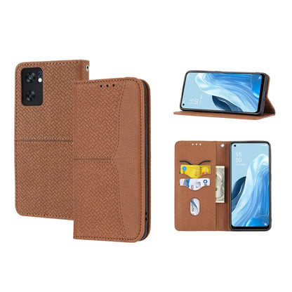 Brown woven PU leather magnetic phone case with flip cover, card slots, and stand