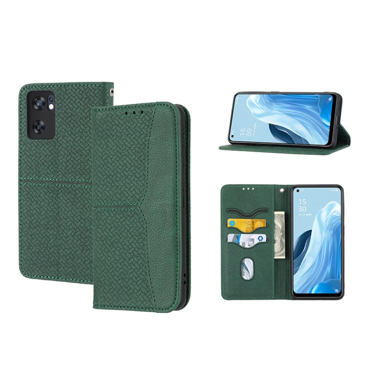 Green woven PU leather magnetic phone case with flip cover, card slots, and stand
