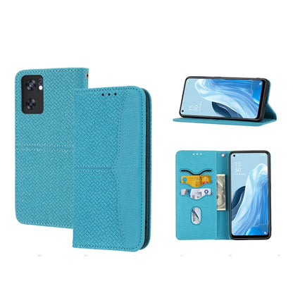 Magnetic PU leather phone case, woven texture, teal flip wallet with card slots