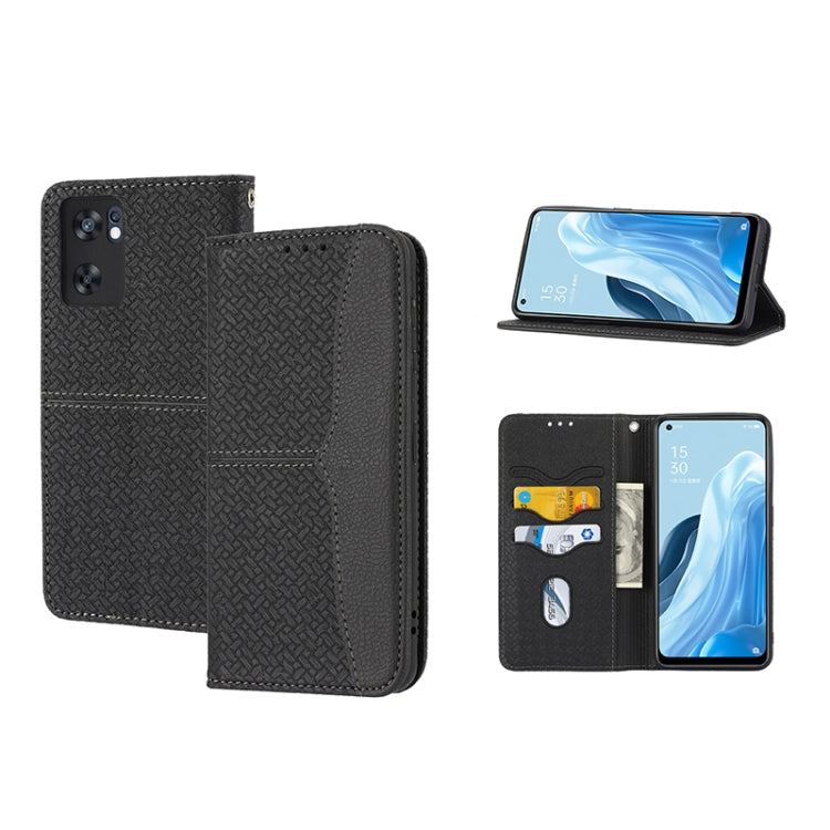 Magnetic PU leather phone case, woven texture, black flip wallet with card slots