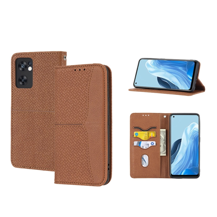 Magnetic PU leather phone case, woven texture, brown flip wallet with card slots