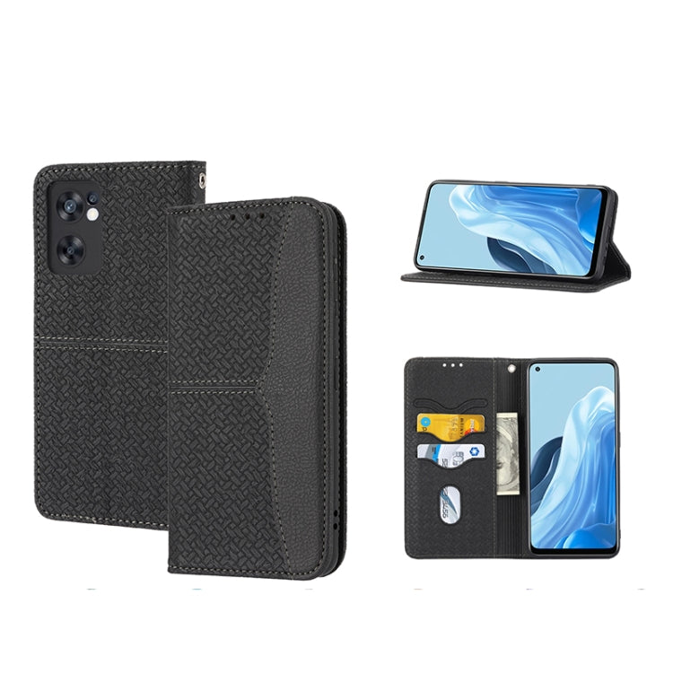 Magnetic PU leather phone case, woven texture, dark grey black flip wallet with card slots