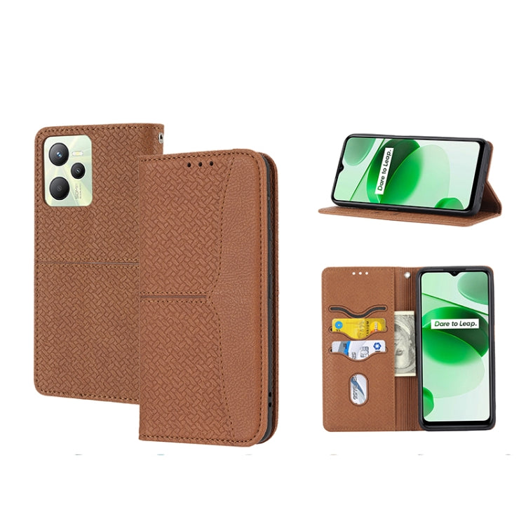 Brown woven texture PU leather magnetic flip phone case with card slot and stand