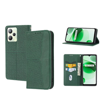 Green woven texture PU leather magnetic flip phone case with card slot and stand