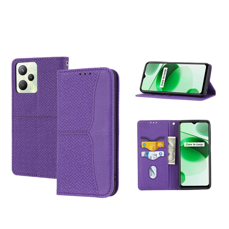 Purple woven texture PU leather magnetic flip phone case with card slot and stand