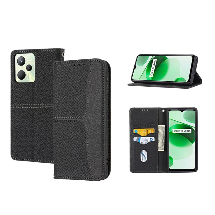 Black woven texture PU leather magnetic flip phone case with card slot and stand