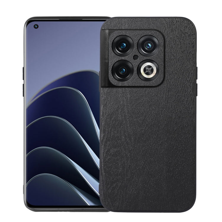 Black wood-texture PU phone case with raised camera module and side cutouts.