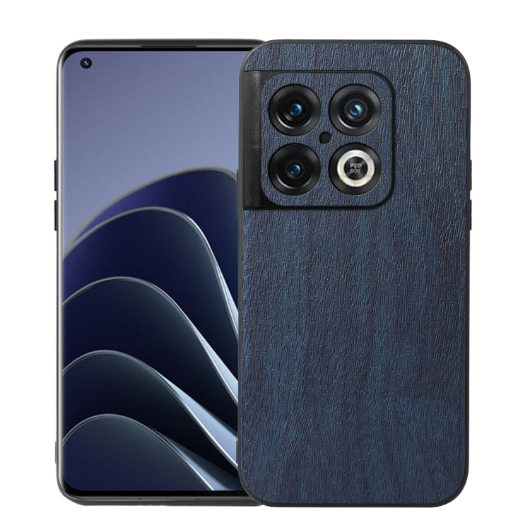 Blue wood-texture PU phone case with raised camera module and side button cutouts.
