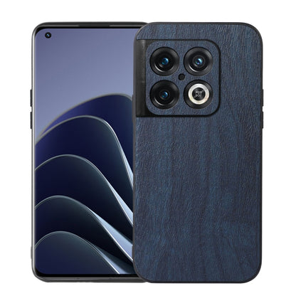 Blue wood-texture PU phone case with raised camera module and side button cutouts.