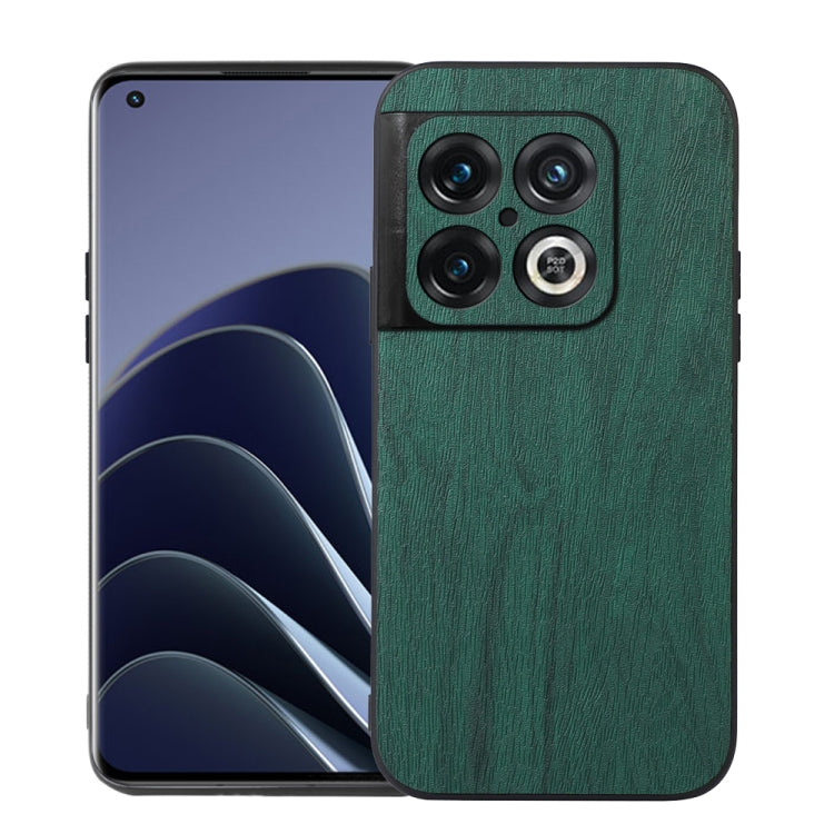 Green wood-texture PU phone case with raised camera module and precise cutouts.