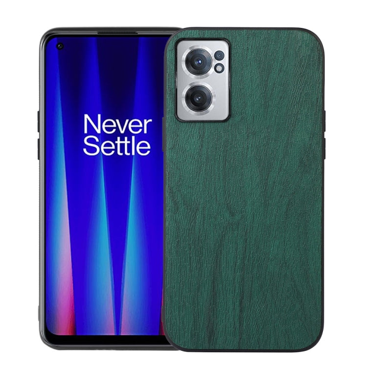 Green wood-texture PU phone case with textured finish and raised camera area.