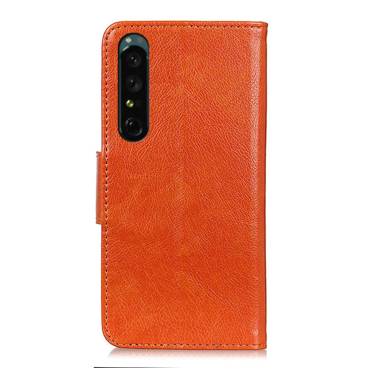 Orange nappa leather phone case with camera cutout and flip cover
