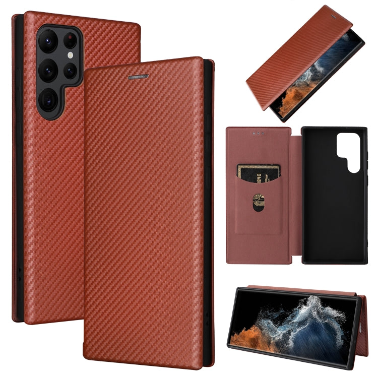 Brown carbon-fiber textured magnetic flip phone case with card slots and camera cutouts