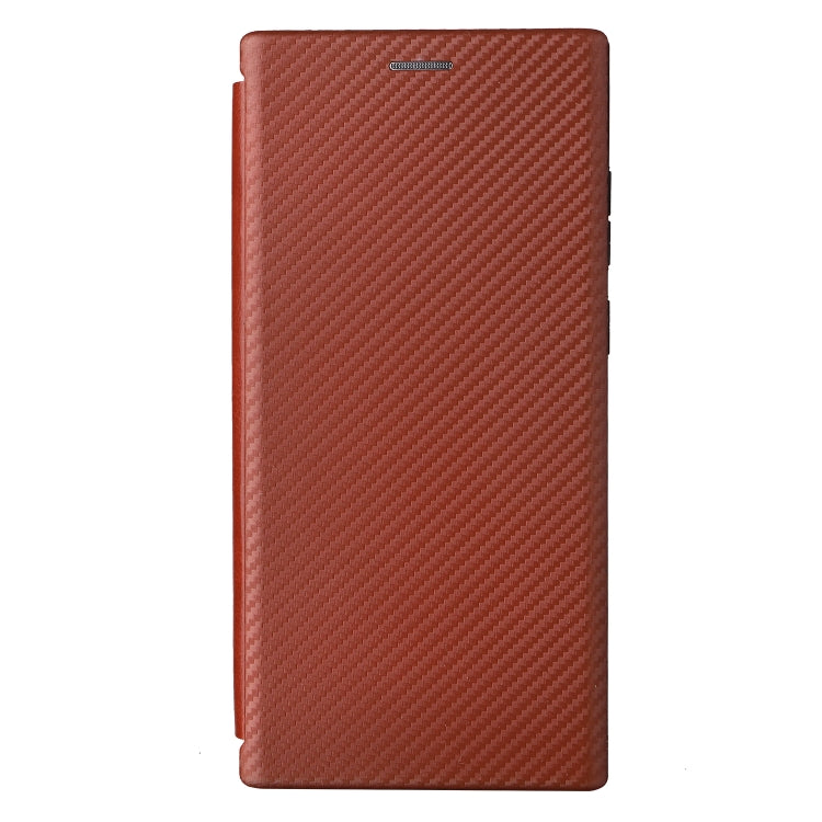 Brown carbon-fiber textured magnetic flip phone case, flat back view