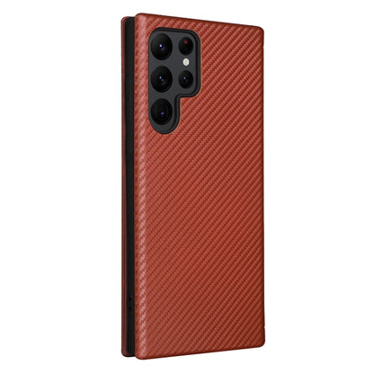 Brown carbon-fiber textured magnetic flip phone case with camera cutouts, side view