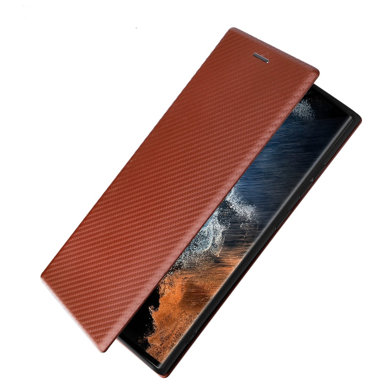 Brown carbon-fiber magnetic flip phone case with cover flipped open over the screen