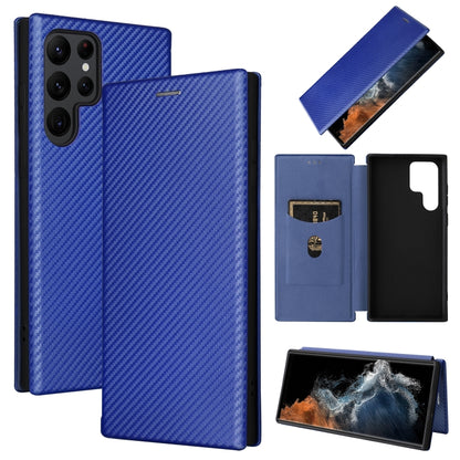Blue carbon-fiber textured magnetic flip phone case set with open cover and screen view