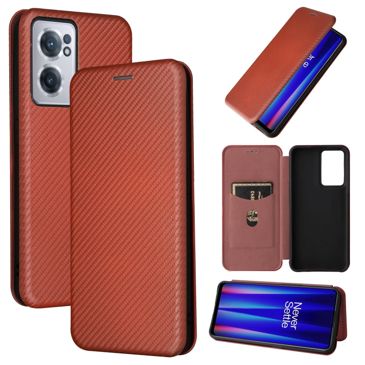 Magnetic flip phone case, carbon fiber texture, brown with card pocket and cutout