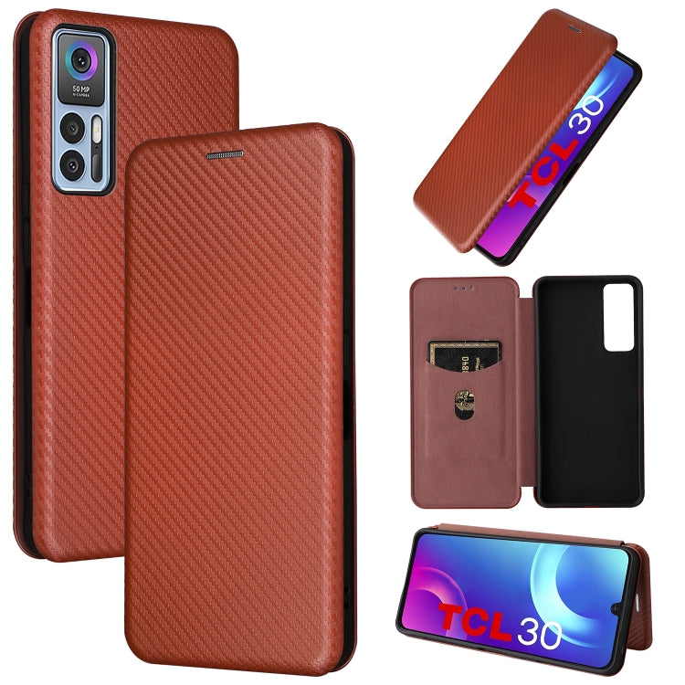 Carbon fiber textured flip magnetic phone case, reddish brown leather with cardholder window