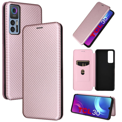 Pink magnetic horizontal flip phone case with carbon-fiber texture leather cover