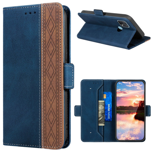 Royal blue leather phone case with brown stitched pattern and magnetic closure flap