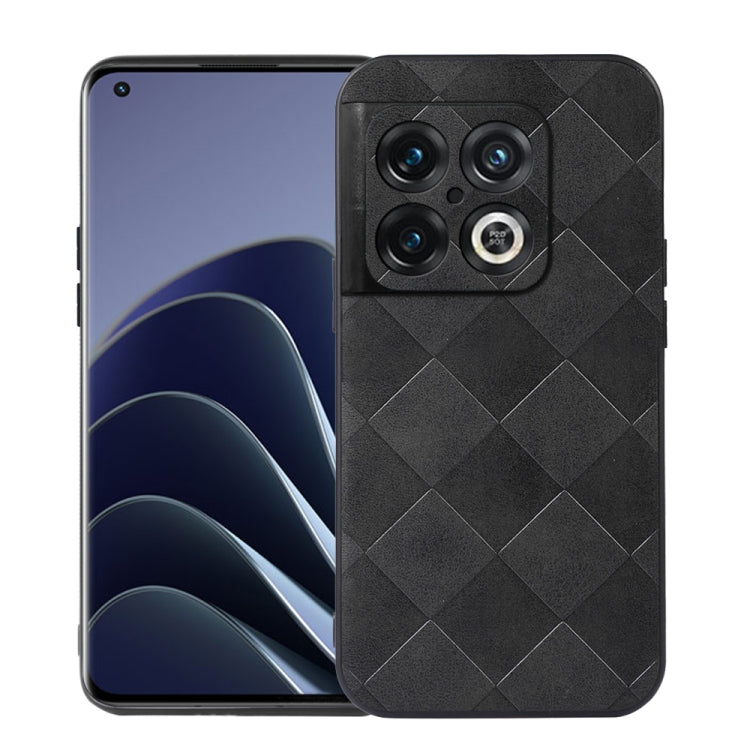 Black PU phone case with woven diamond pattern and camera cutouts