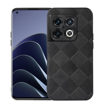 Black PU phone case with woven diamond pattern and camera cutouts