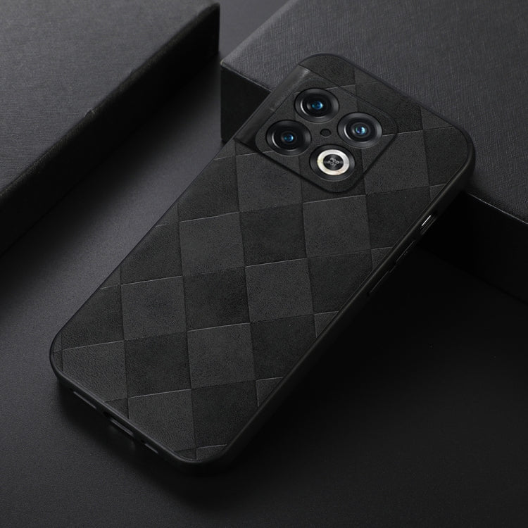 Black PU phone case with woven diamond texture, shown at an angle