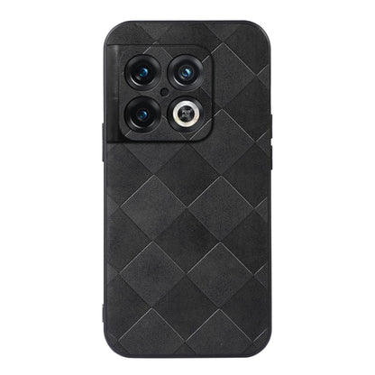 Black PU phone case with woven diamond pattern and raised camera protection